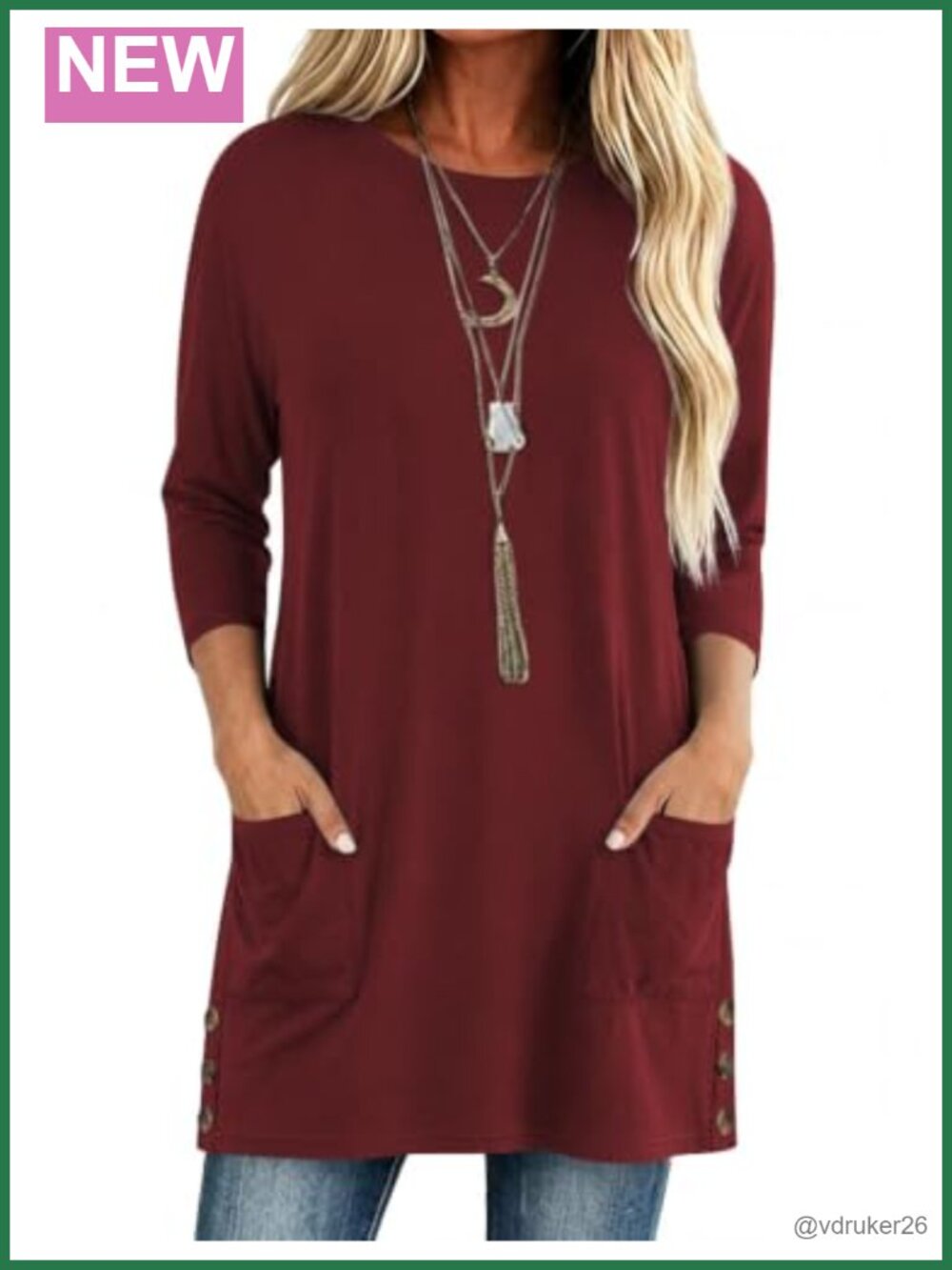 Loose Fit 3/4 Sleeve Tunic Top for Women V Neck Pullover